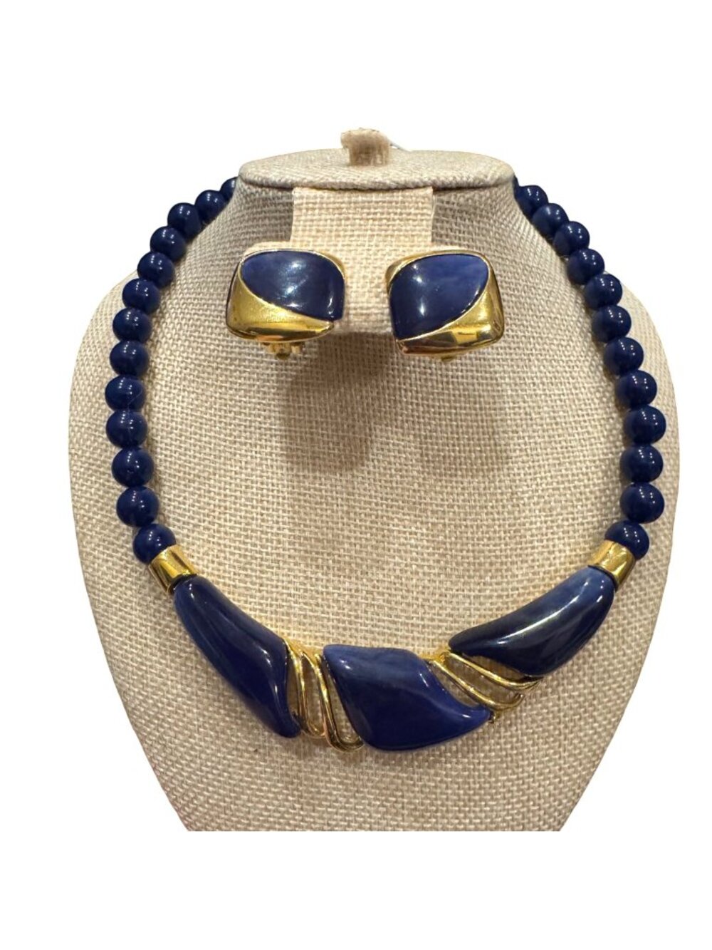 Vintage Lady Remington Blue & Gold Necklace & Clip-On Earrings Set